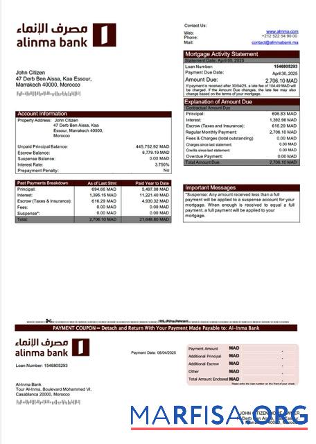 Realistic Morocco Al Inma Bank mortgage statement Word and PDF template
